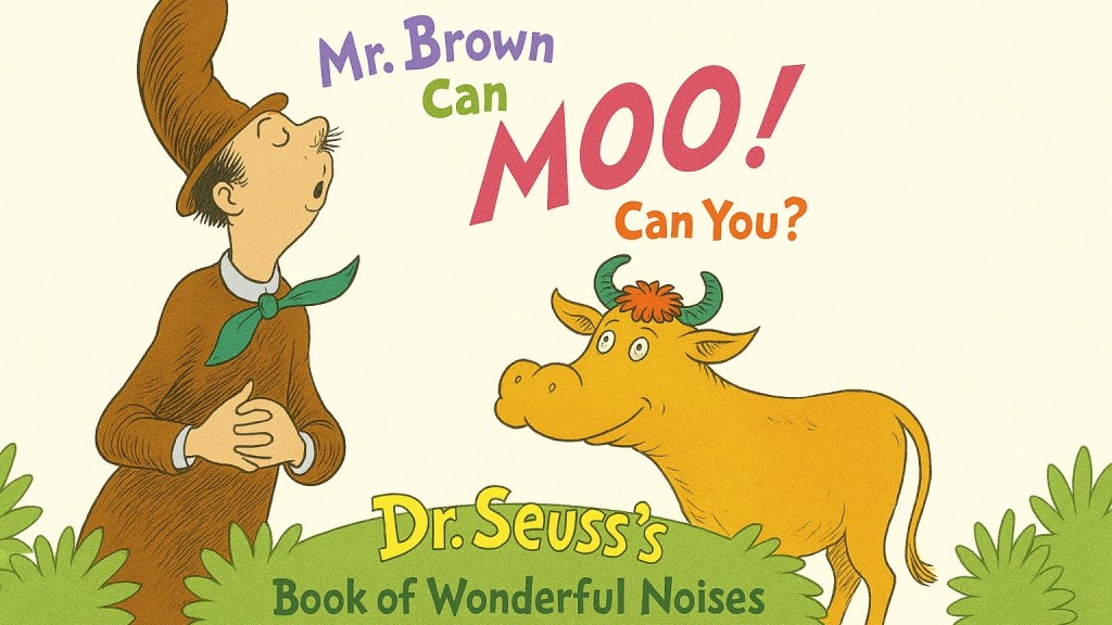 An artistic interpretation of the cover of Mr. Brown Can Moo! Can You? showing Mr. Brown howling with his eyes closed next to a cow.