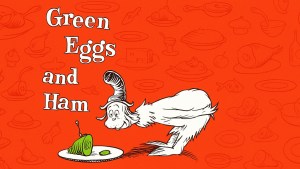 An artistic interpretation of the Green Eggs and Ham cover showing the man in the hat inspecting a plate of green eggs and ham.