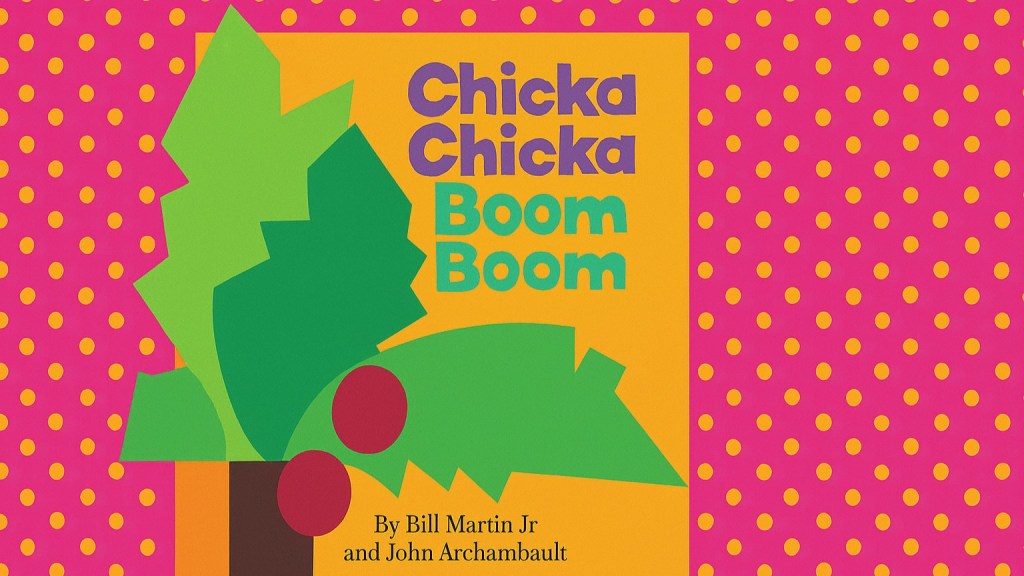 The cover of Chica Chica Boom Boom showing a paper cutout palm tree on a yellow background. The cover is featured on a pink wallpaper with a yellow dot pattern.