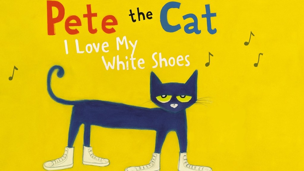 An artistic interpretation of Pete the Cat wearing white shoes. He is standing against a yellow background with music notes visible around him.