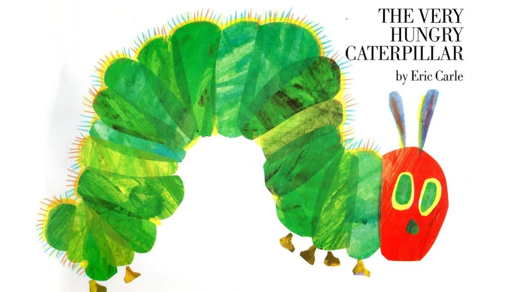 The cover of The Very Hungry Caterpillar showing a caterpillar with a green body and a red head.