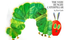 The cover of The Very Hungry Caterpillar showing a caterpillar with a green body and a red head.