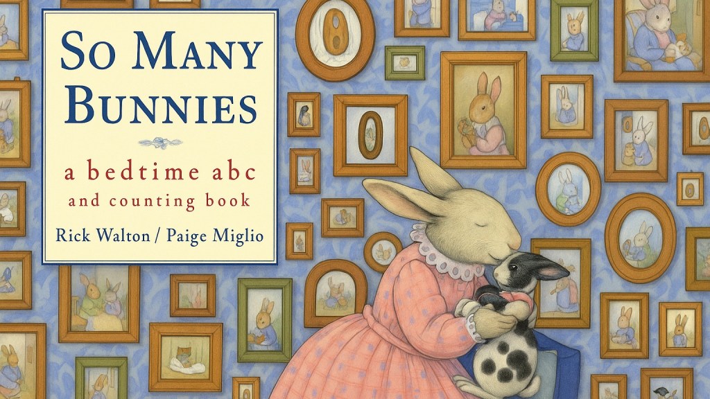 An artistic adaptation of the "So Many Bunnies" cover showing the Mama Bunny against a wall with numerous framed pictures off all her bunny offspring.