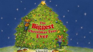 The cover of The Biggest Christmas Tree Ever showing two mice decorating a giant spruce tree against a starry night sky backdrop.