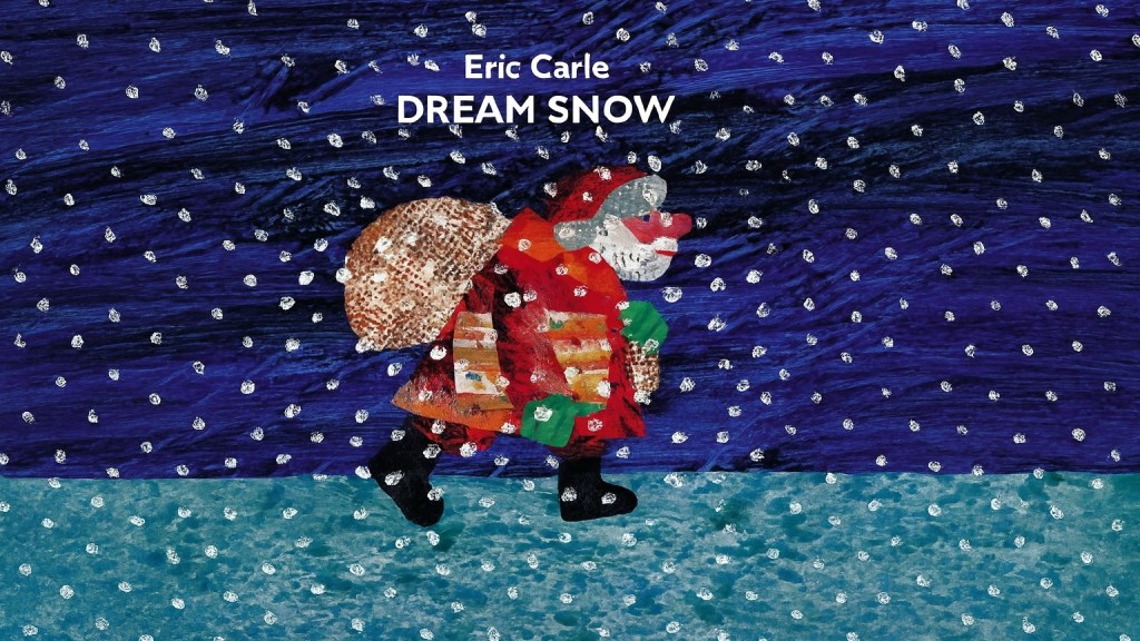 The cover of Dream Snow by Eric Carle showing a Santa-looking farmer carrying a sack on his back set against a snowy night sky.