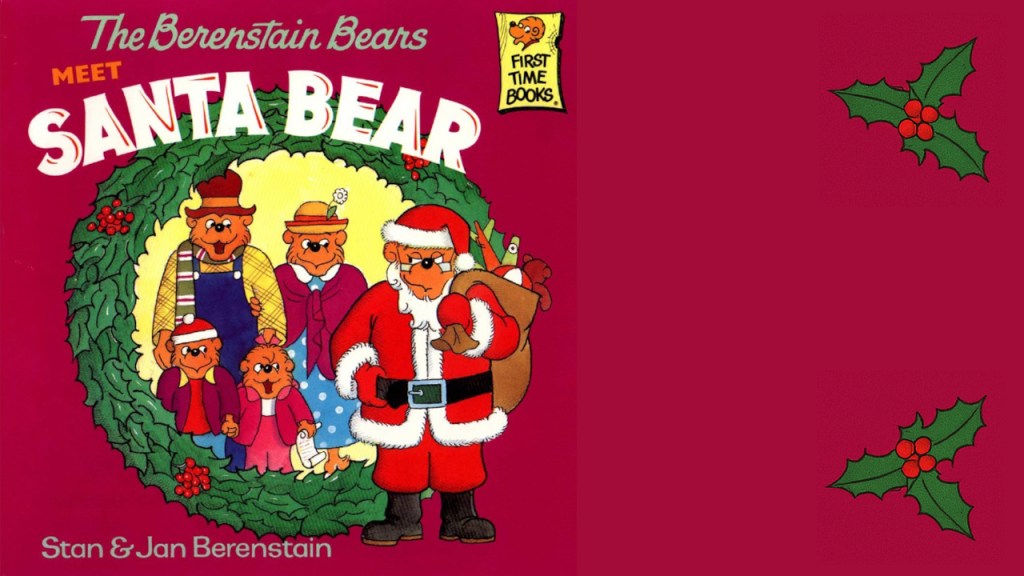 An artistic interpretation of the cover of The Berenstain Bears Meet Santa feturing the bear family against a burgundy Christmas backdrop with hollies and a wreath.